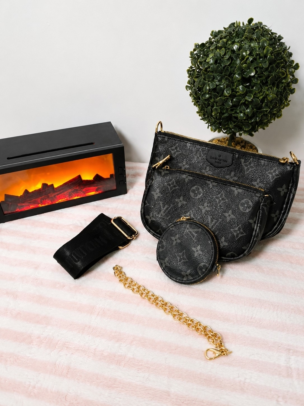 Black Monogram Multi-Pouch Crossbody Bag with Gold Hardware